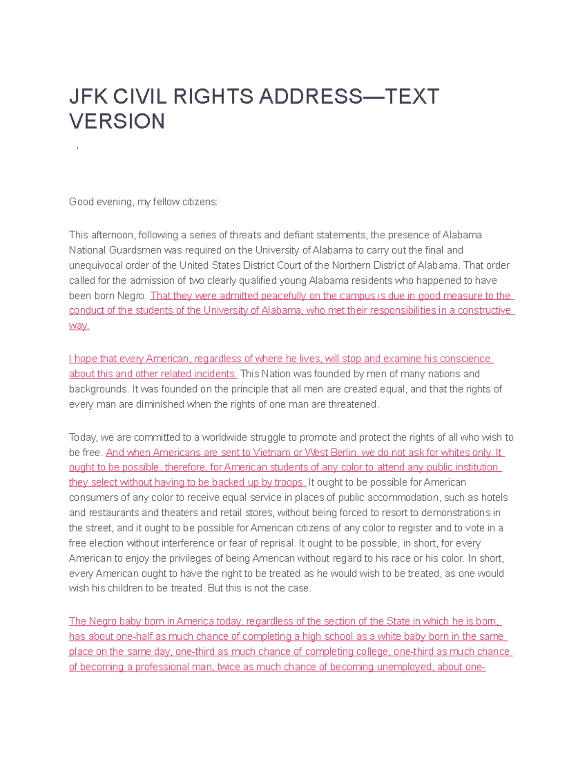 JFK Civil Rights Address - JFK CIVIL RIGHTS ADDRESS—TEXT VERSION Good ...
