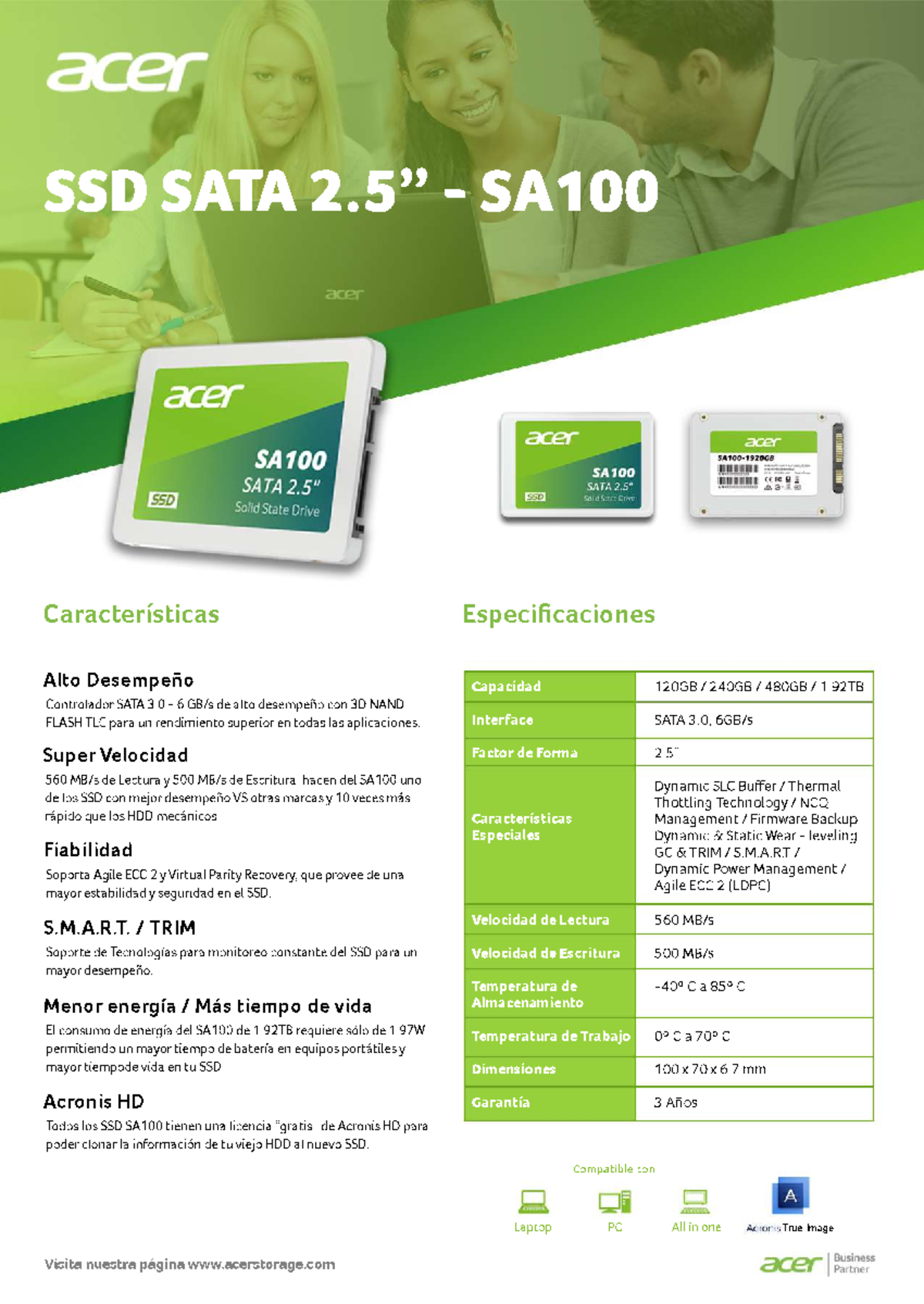 Datasheet ACER SA100 - Visitanuestrapáacerstorage SSDSATA2. 5 ”-SA 100 ...