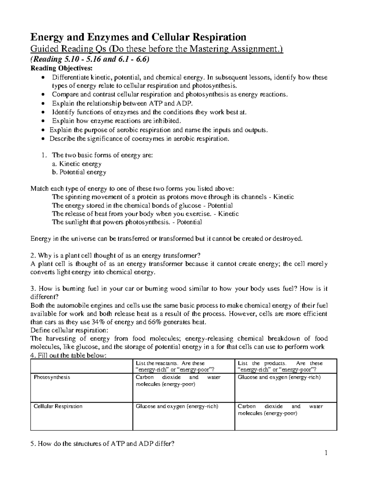 Lesson 6 Grqs Energy And Enzymes And Cellular Respiration Energy And Enzymes And Cellular