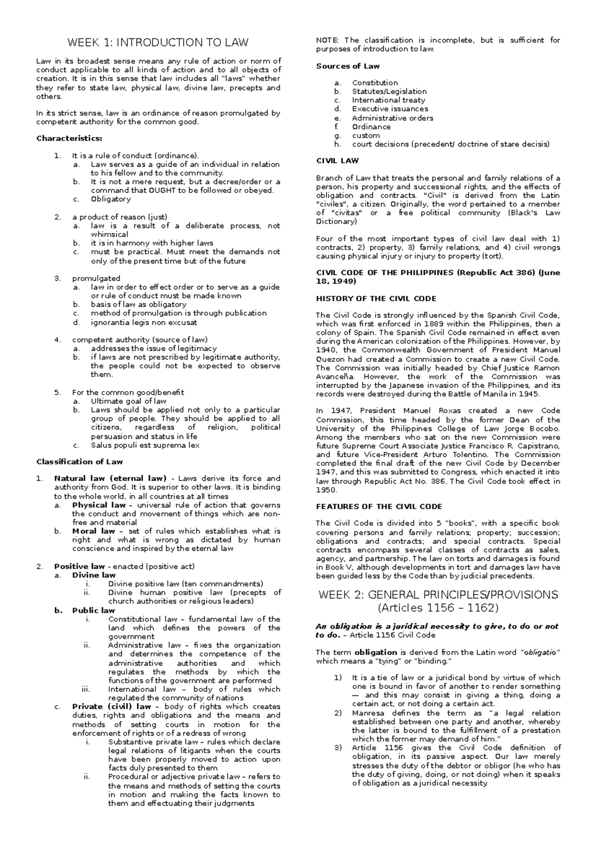 The Law on Obligations and Contracts Week 1-6 - WEEK 1: INTRODUCTION TO ...