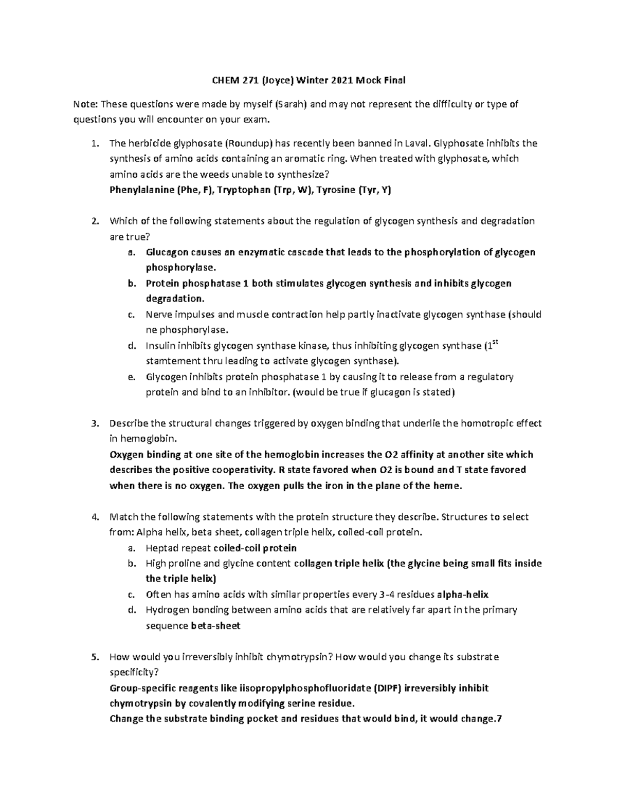 Mock final winter 2021 joyce CHEM 271 (Joyce) Winter 2021 Mock Final Note These questions