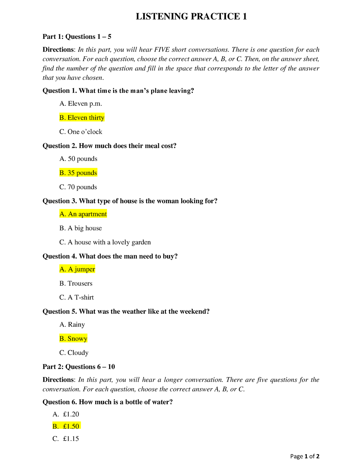 Listening Practice 1 - ưewewefqefq - Page 1 Of 2 LISTENING PRACTICE 1 ...