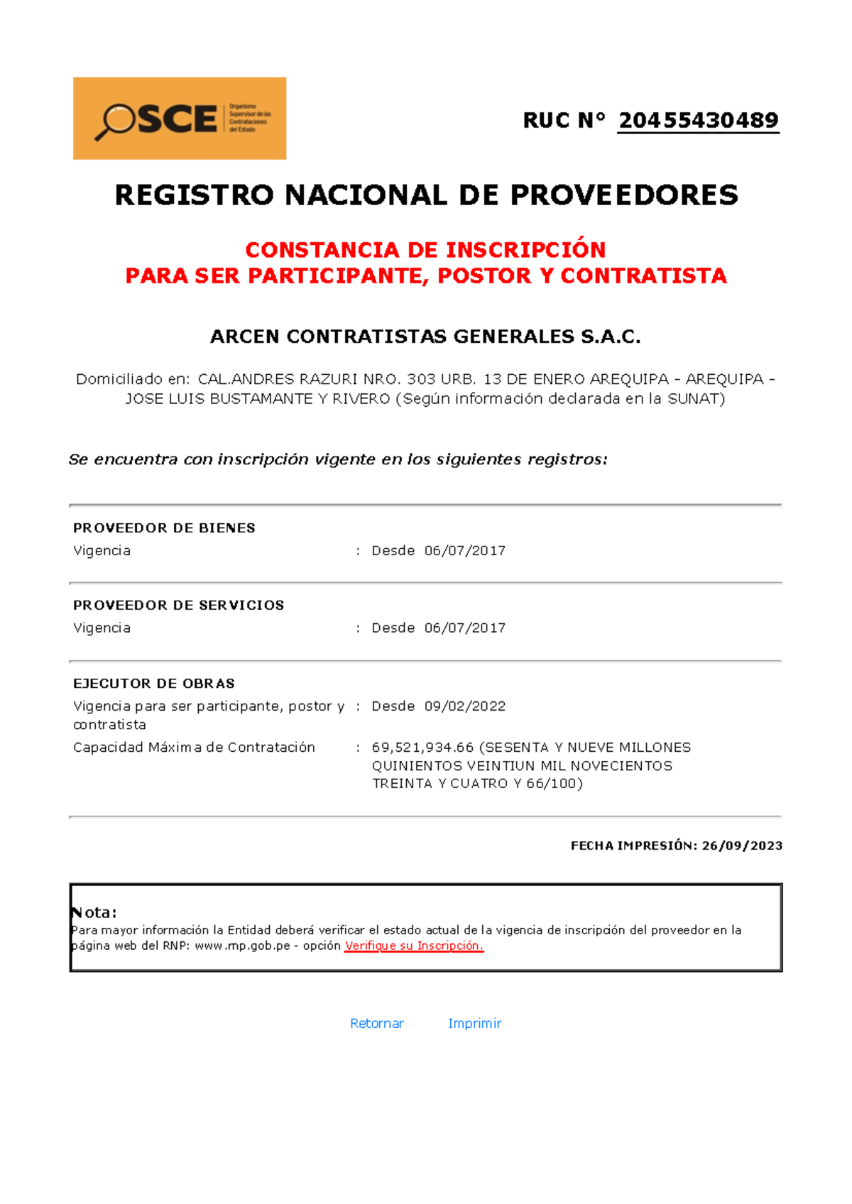 Constancia DEL RNp - RUC N° 20455430489 REGISTRO NACIONAL DE ...