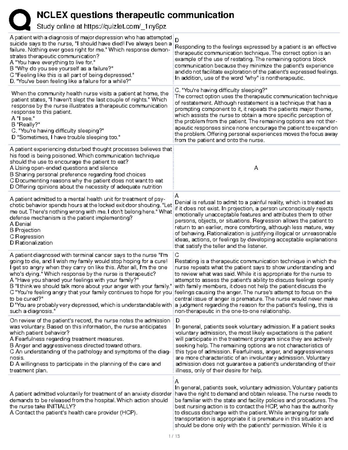 Nclex questions therapeutic communication Study online at quizlet