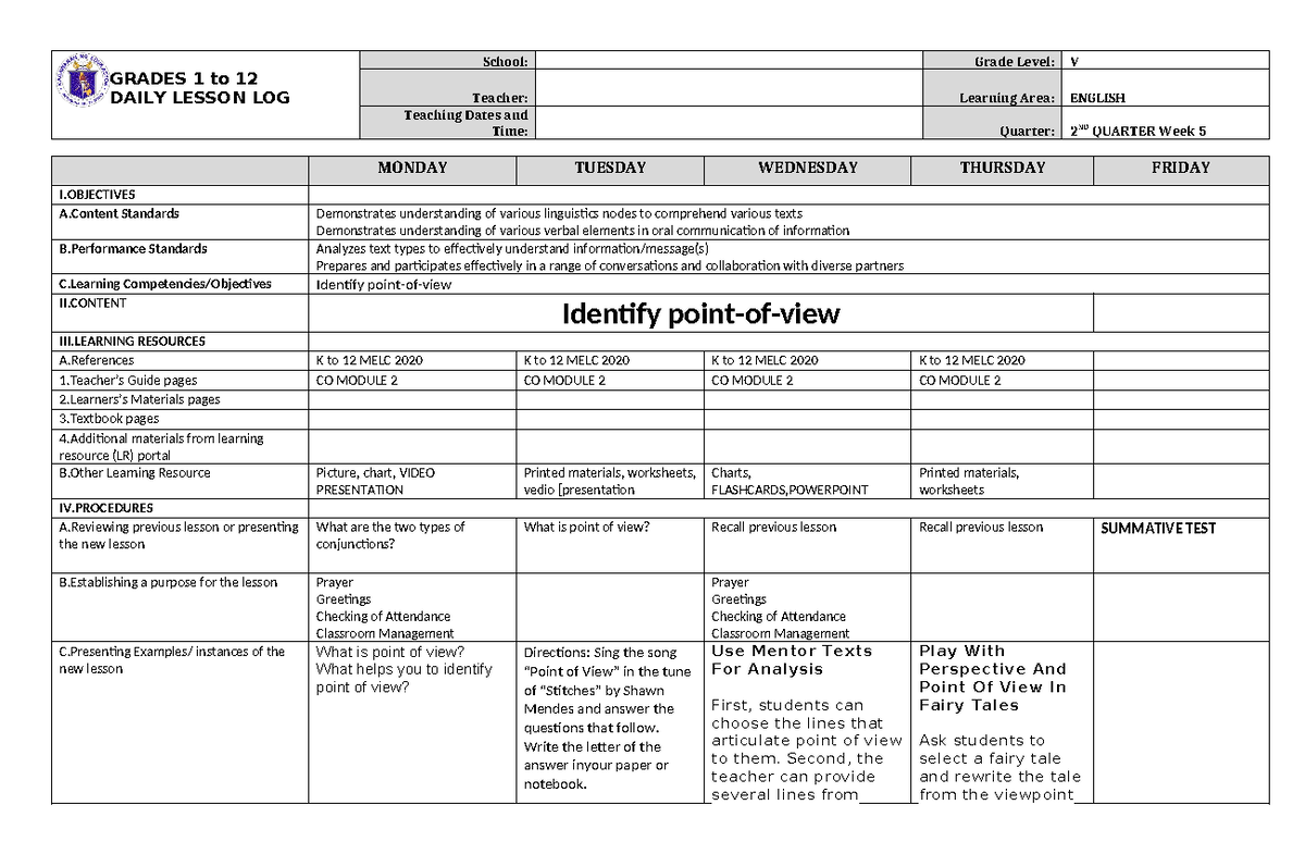 DLL English 5 Q2 W5 - lesson plan - GRADES 1 to 12 DAILY LESSON LOG ...