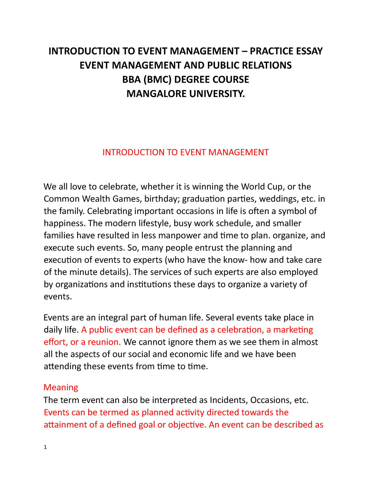 essay on planning an event