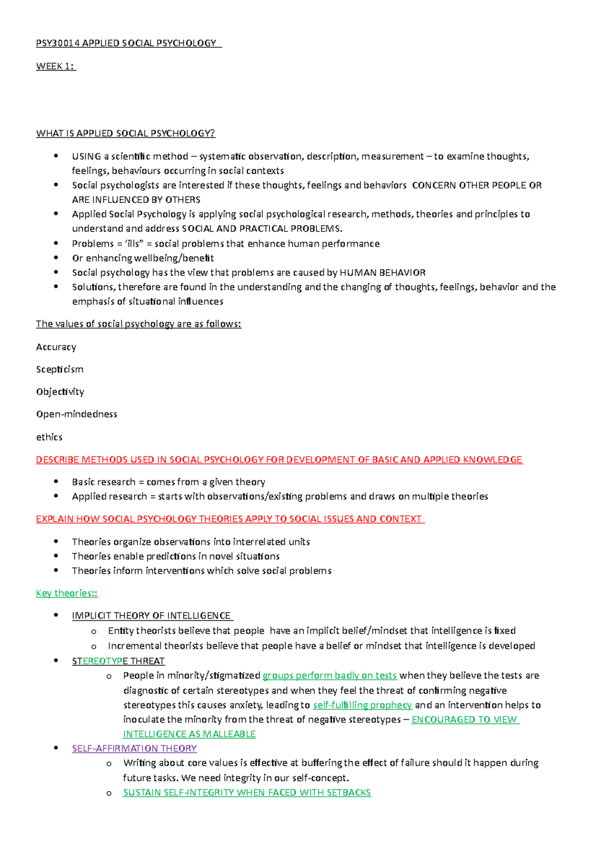 PSY30014 WEEK 1 - Applied social psychology lecture notes week 1 ...