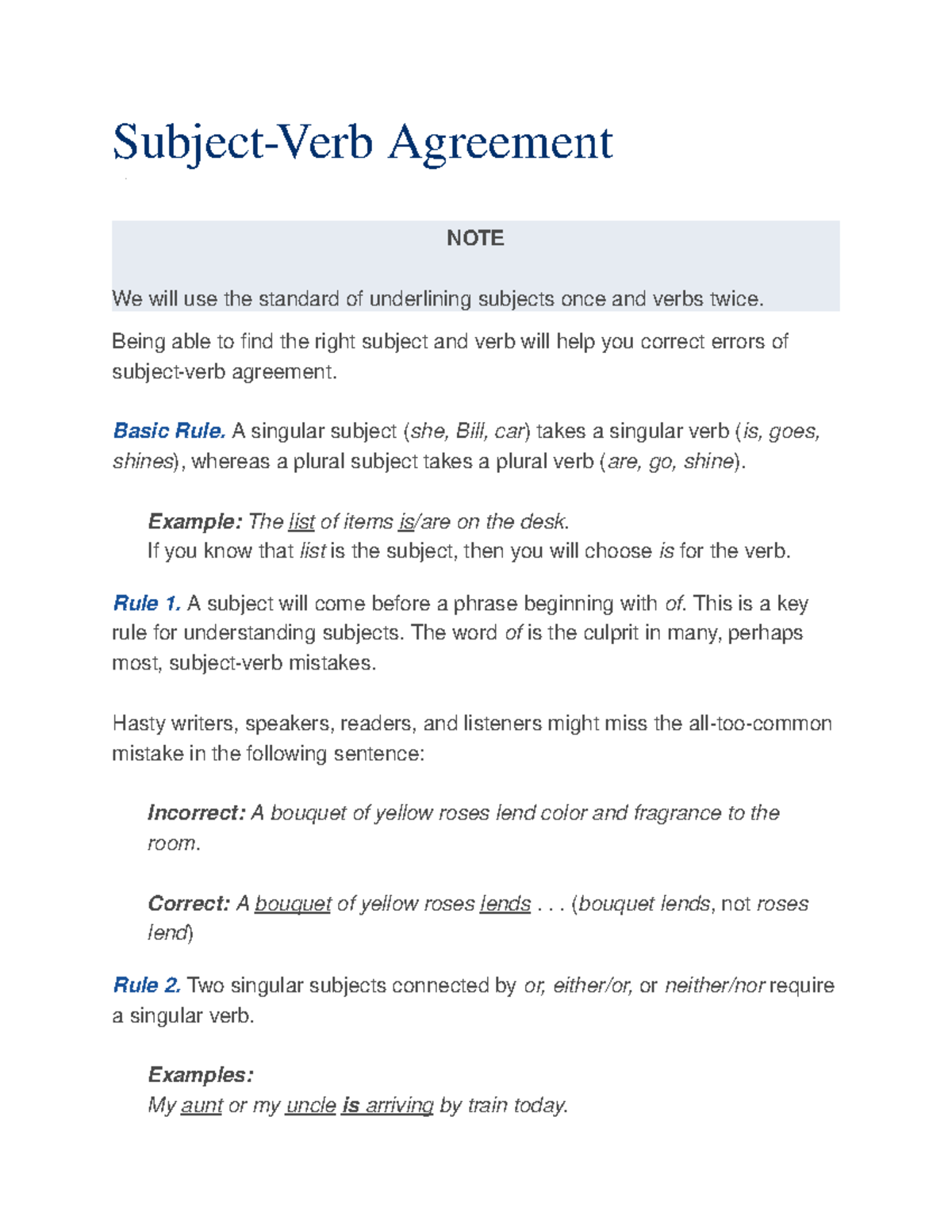 Subject Verb Agreement - Subject-Verb Agreement NOTE We will use the ...