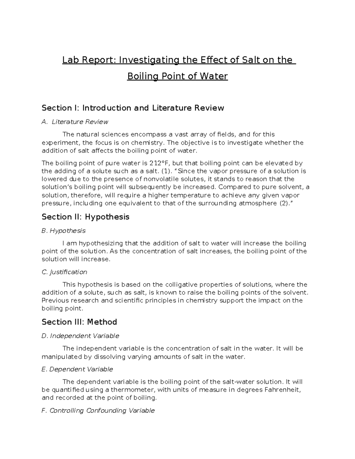 Lab Report Salt Boiling Water Lab Report Investigating the Effect of