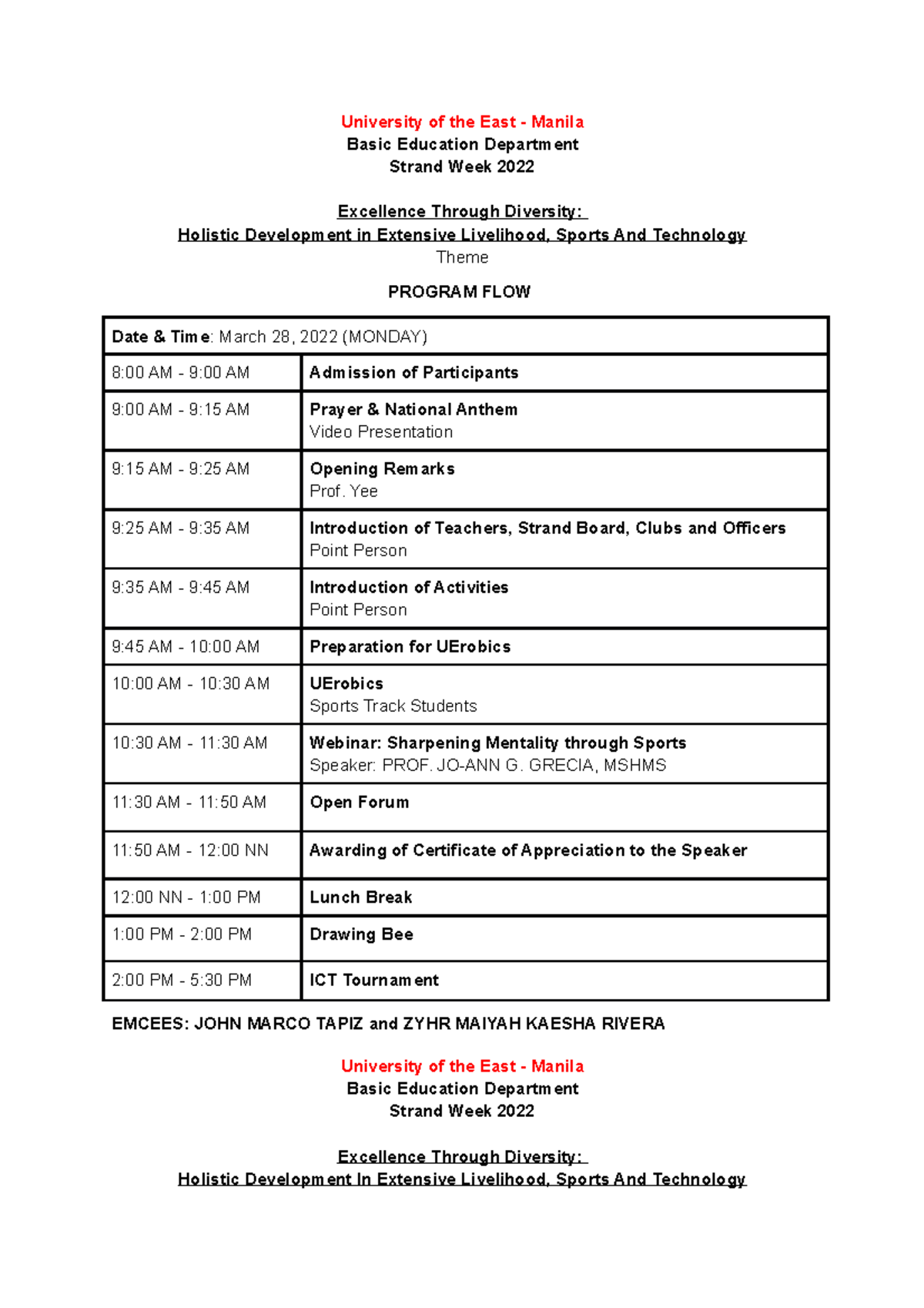 Program Flow Strand Week 1 - University of the East - Manila Basic ...