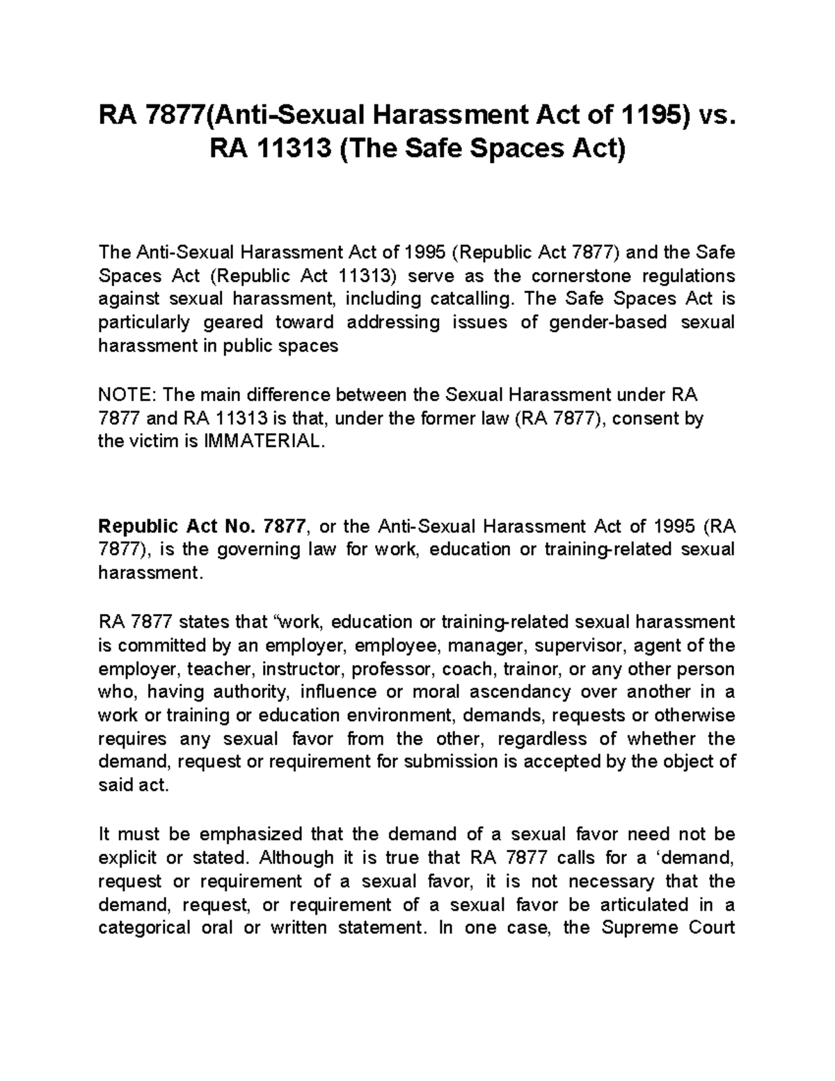 Ra 7877 Vis A Vis Ra 11313 Ra 7877 Anti Sexual Harassment Act Of 1195 Vs Ra 11313 The Safe