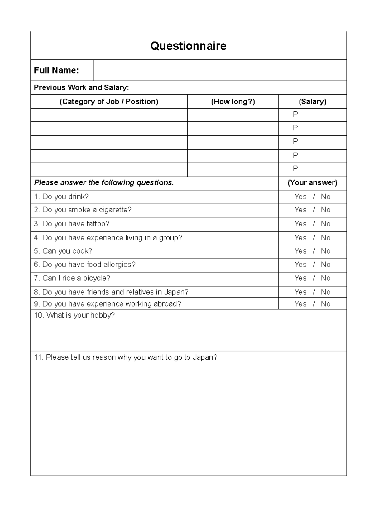 Questionnaire ( Japan Interview) - Questionnaire Full Name: Previous ...