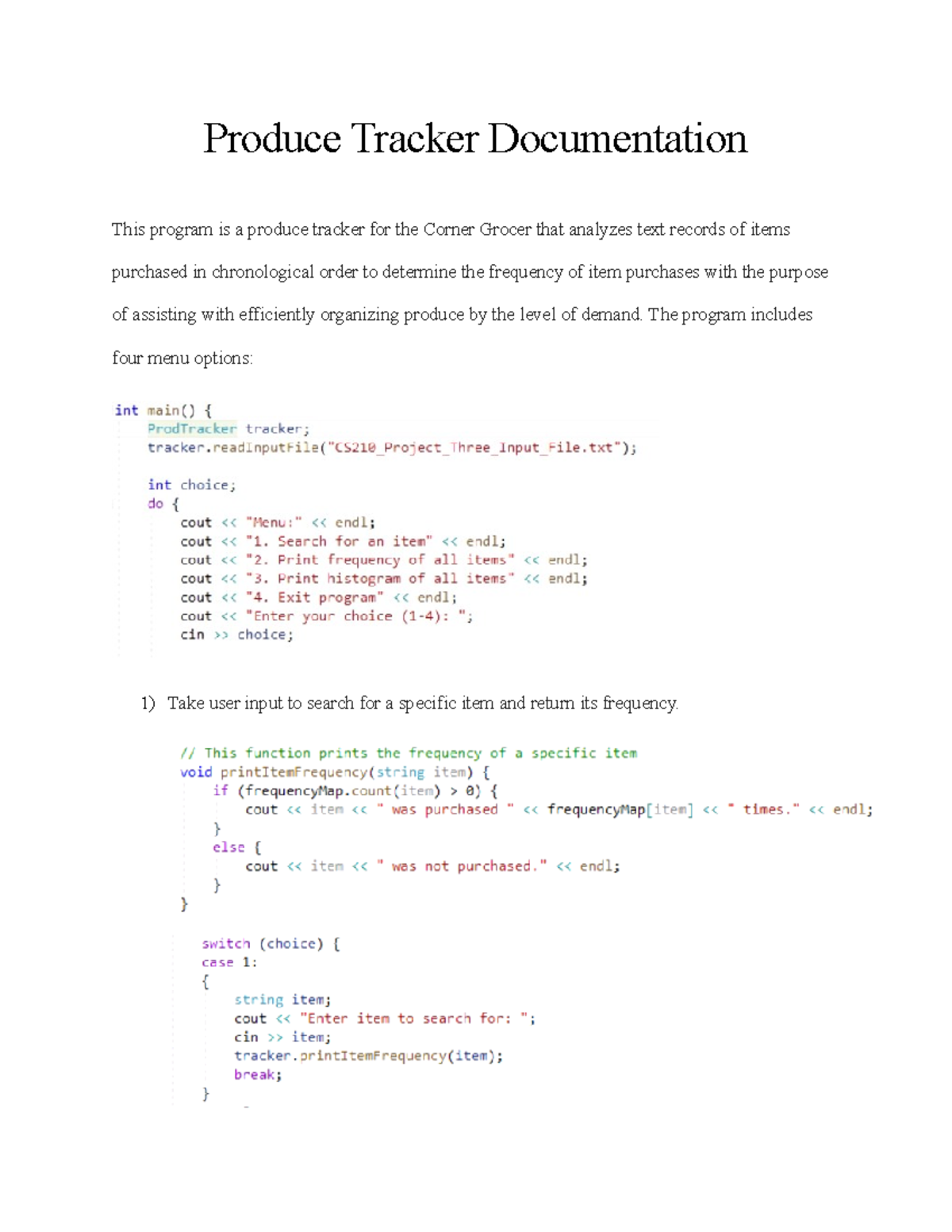 Produce Tracker Documentation - The program includes four menu options ...