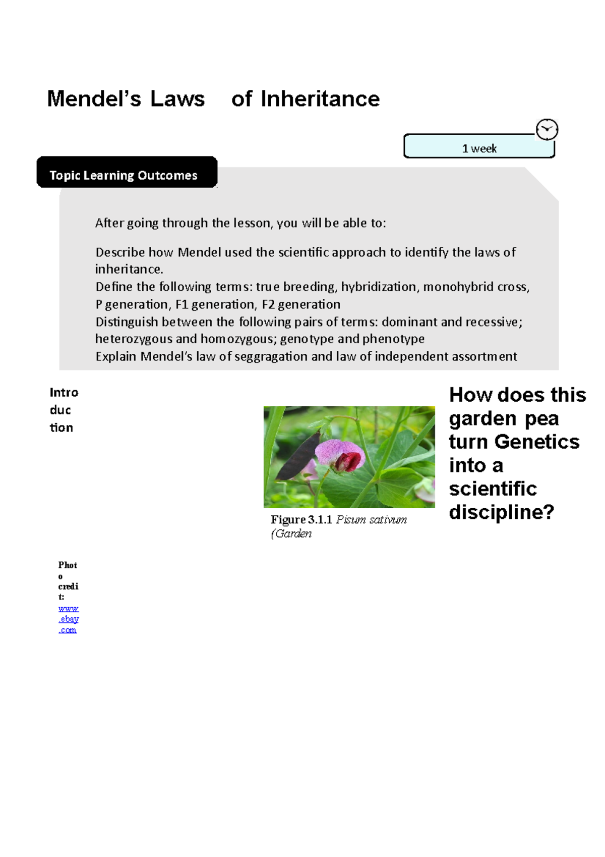 Mendel’s Laws of Inheritance Mendel’s Laws of Inheritance Intro duc