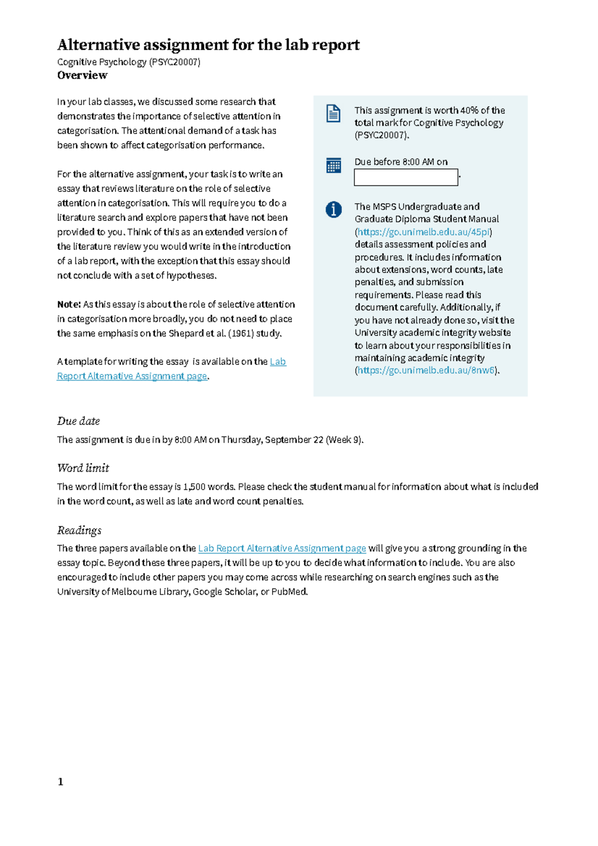 Alt essay marking guide Alternative assignment for the lab report Cognitive Psychology
