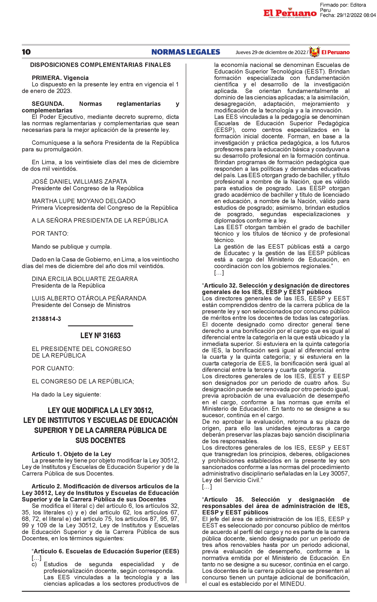 Ley N 31653 Ley Que Modifica La Ley N 30512 Ley De Institutos Y Escuel ...