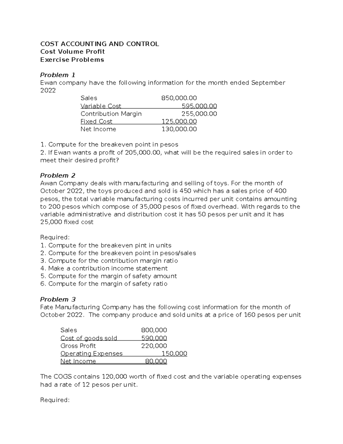 CVP Exercise Problems - This will help u practice more about Cost ...