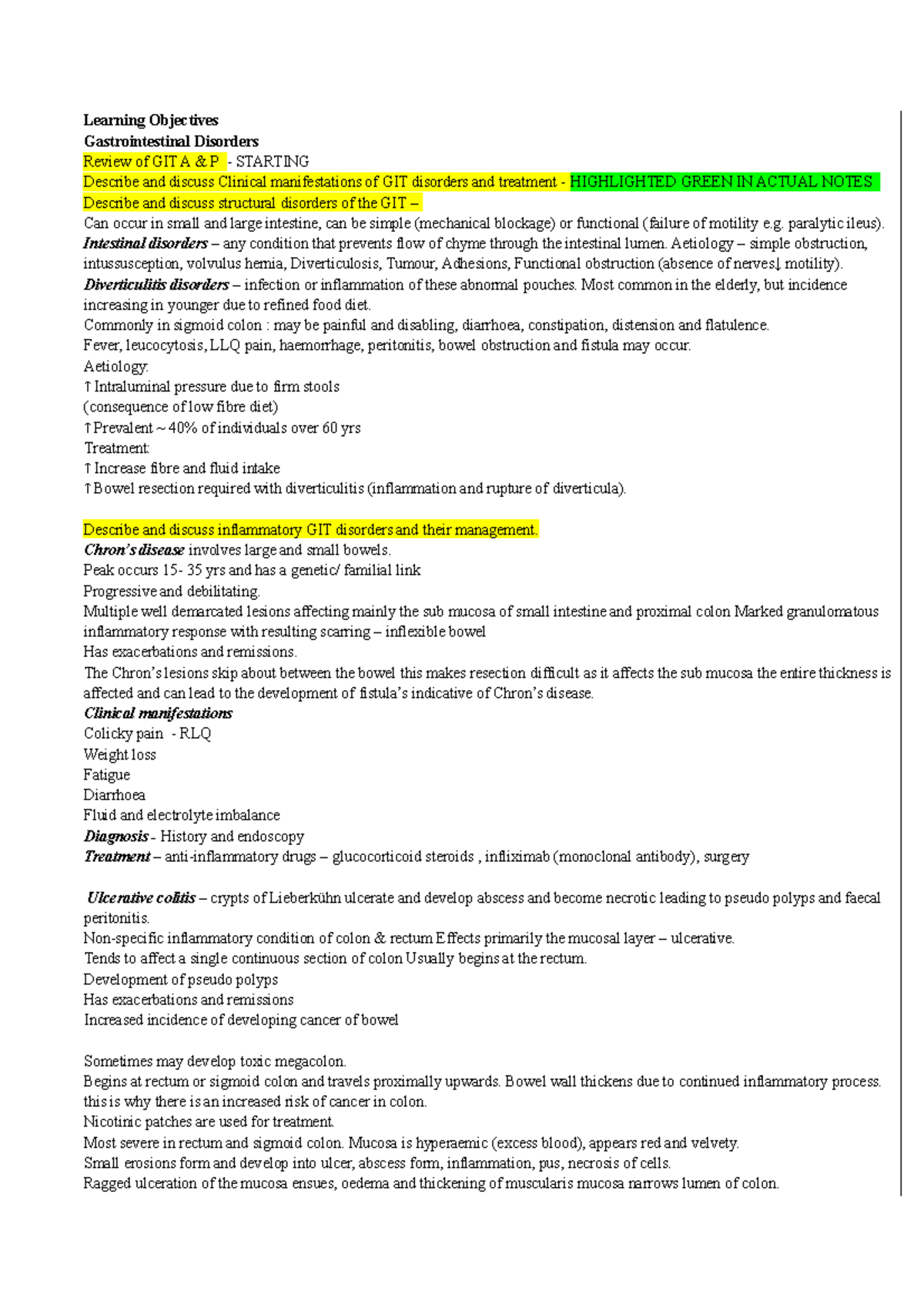 Gastrointestinal Disorders - Learning Objectives Gastrointestinal ...