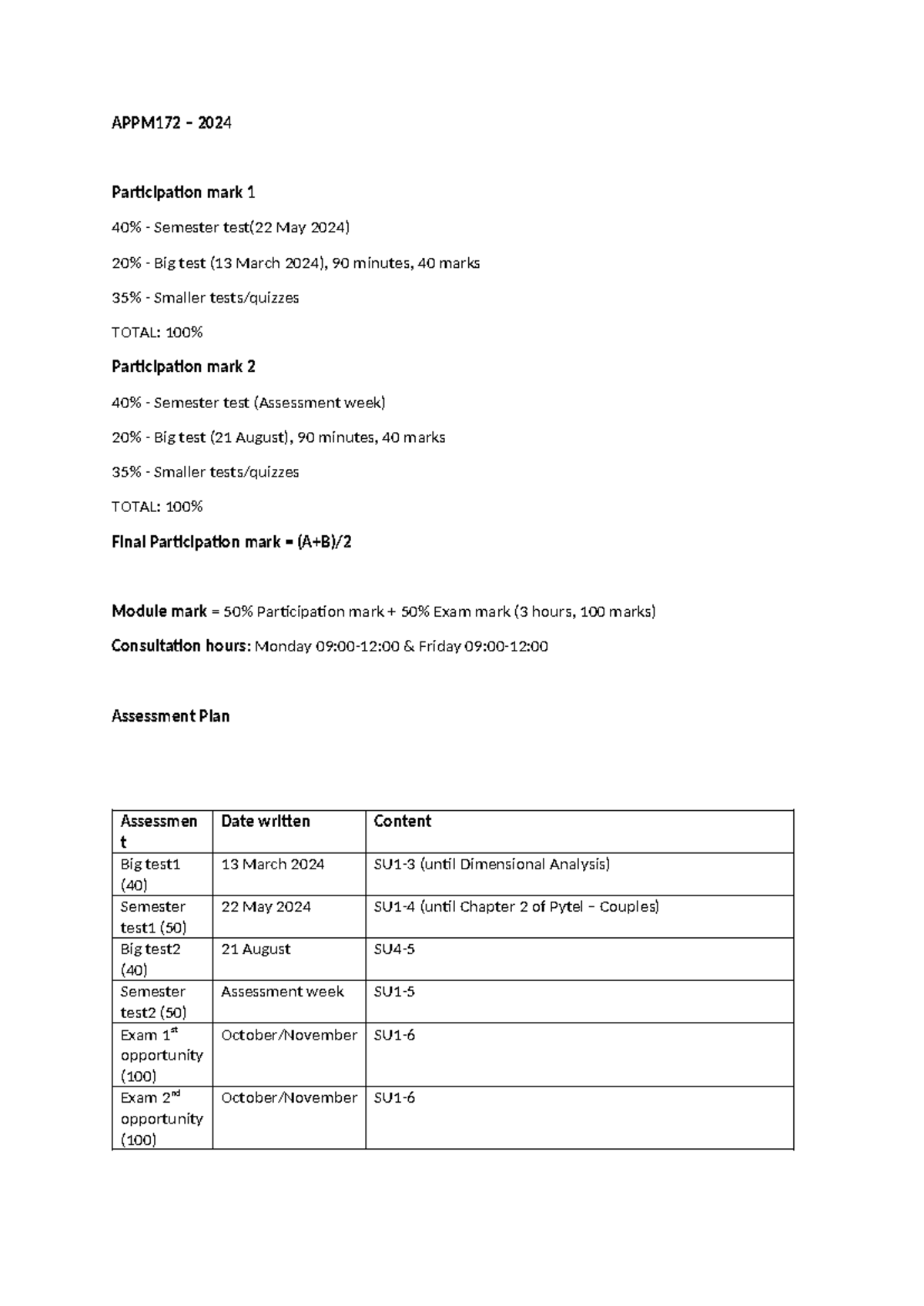 APPM172 assessment plan 2024 - APPM172 – 2024 Participation mark 1 40% ...