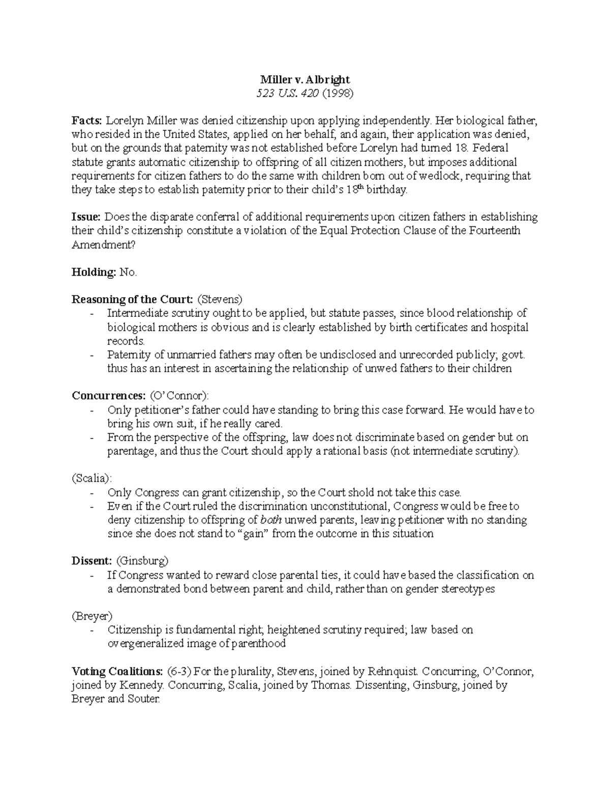 Case Brief Miller vs Albright Miller v. Albright 523 U. 420 (1998