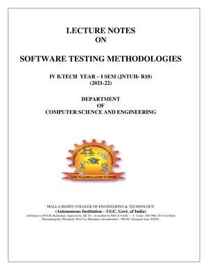 Software Testing Methodologies LECTURE NOTES ON SOFTWARE TESTING