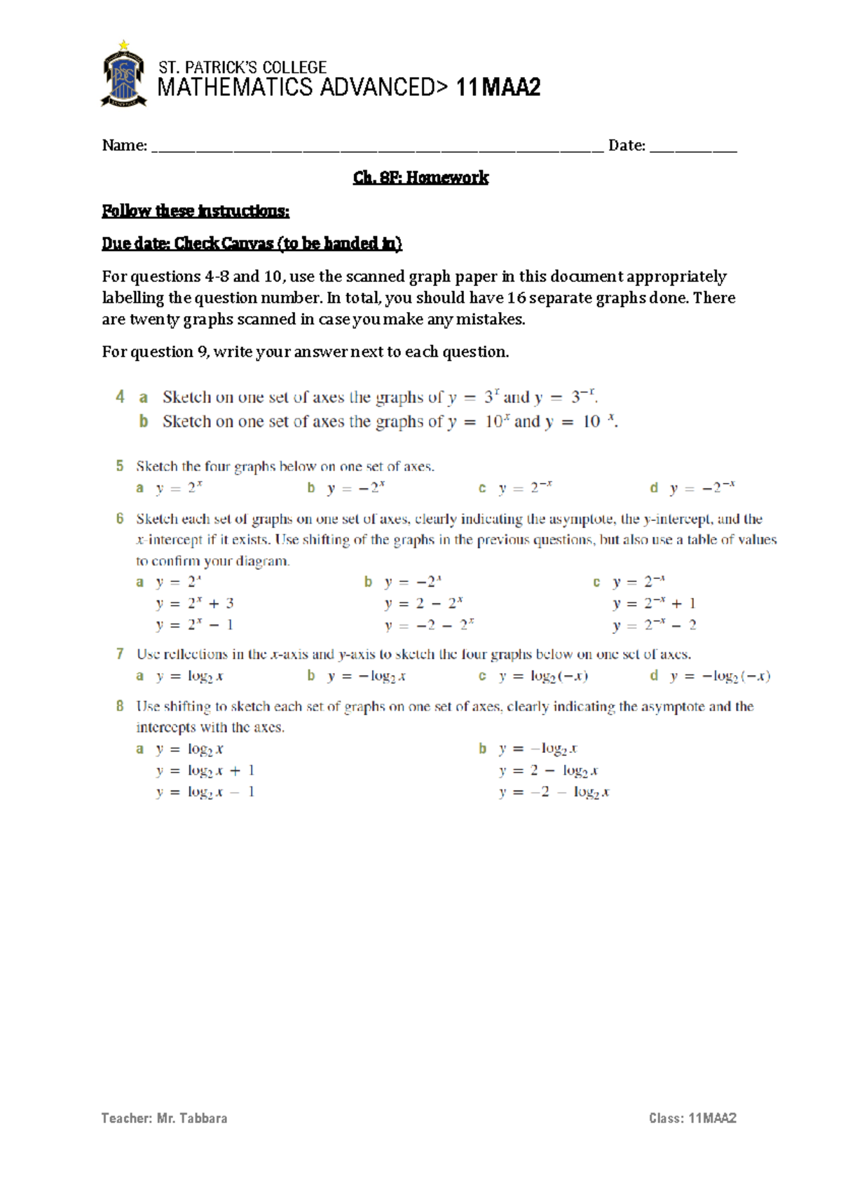 Ch. 8F Homework - Math advanced - MATHEMATICS ADVANCED> 11 MAA 2 Name ...