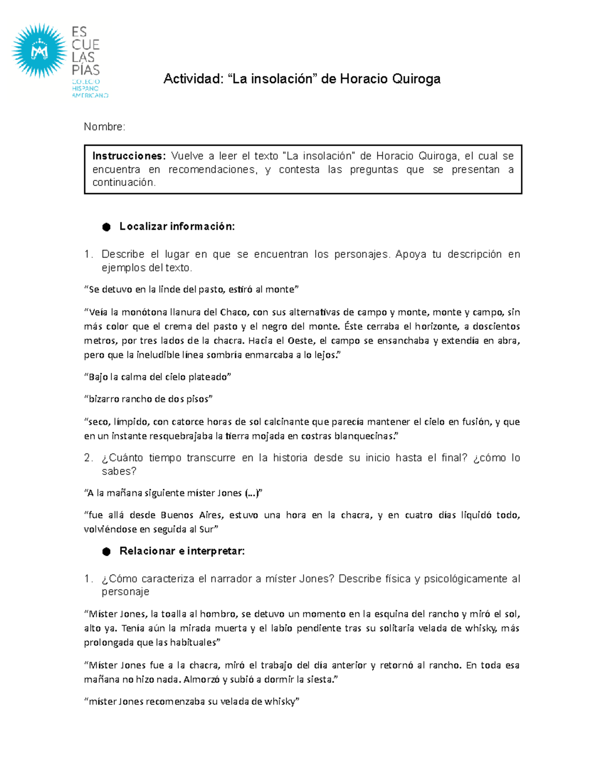 Actividad La Insolación - Actividad: “La Insolación” De Horacio Quiroga ...