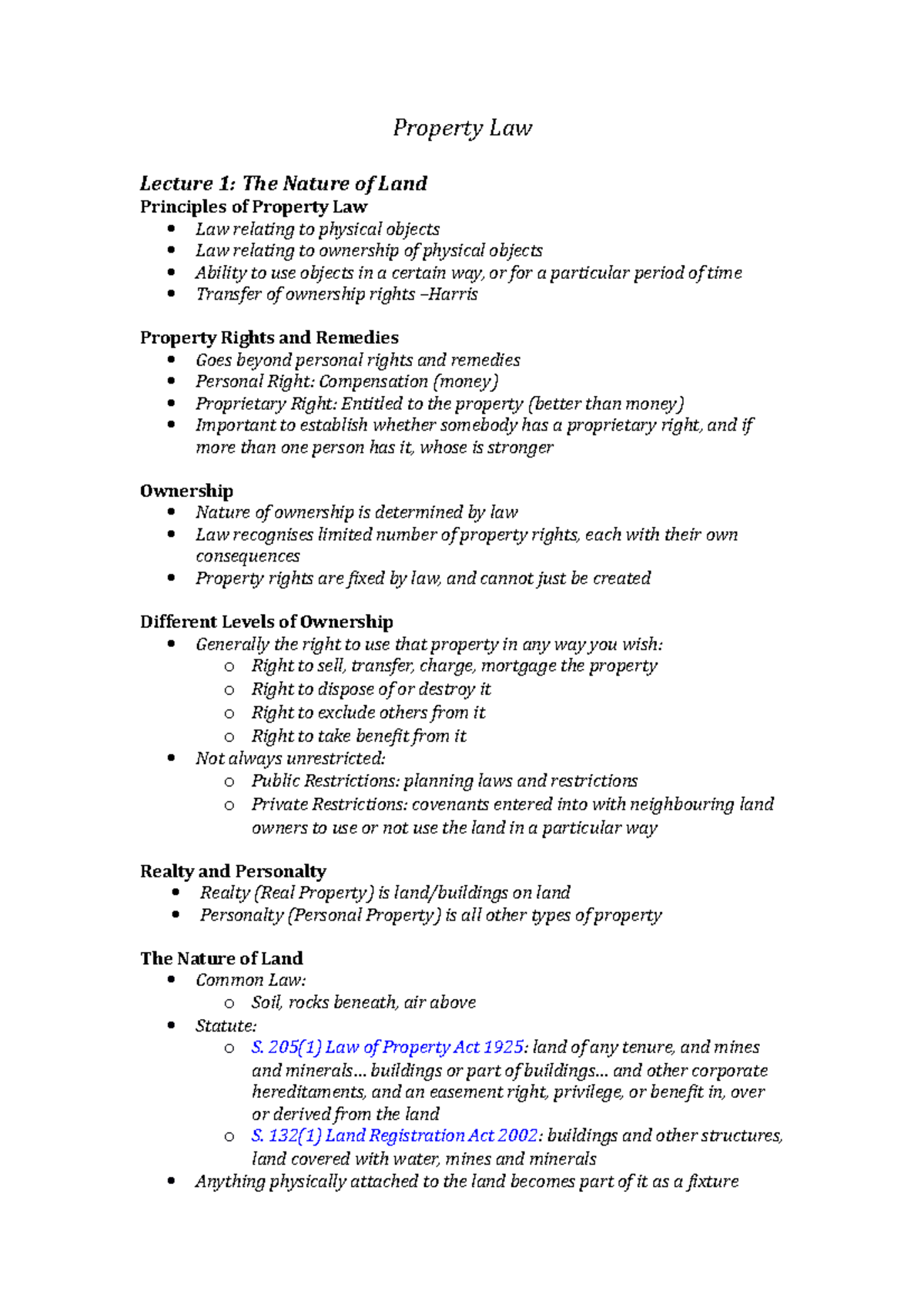 Property Law Lecture Notes - Property Law Lecture 1: The Nature Of Land ...