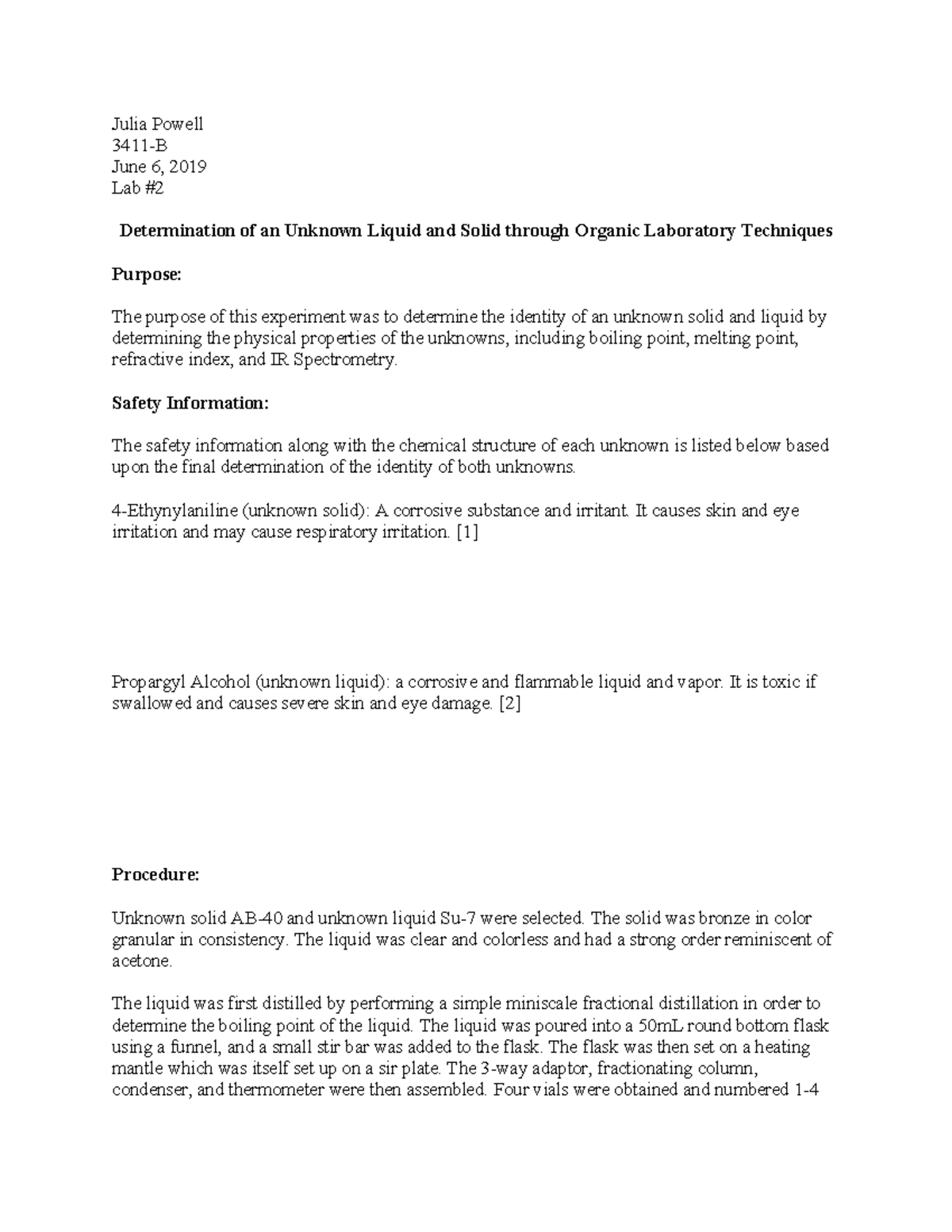 Lab Report 2 Julia Powell 3411B June 6, 2019 Lab Determination of