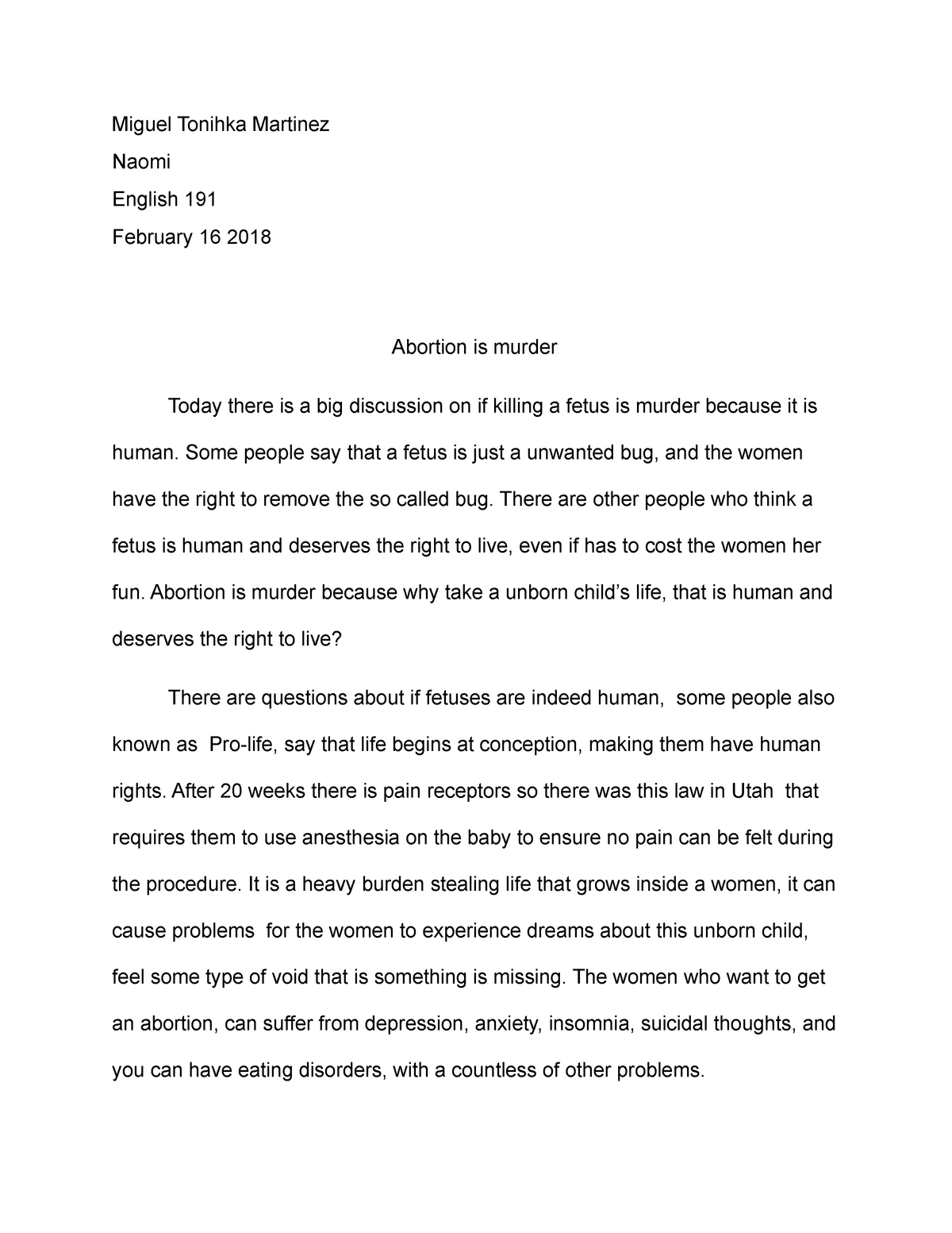 Abortion Essay Grade B Engl 191 Studocu - 