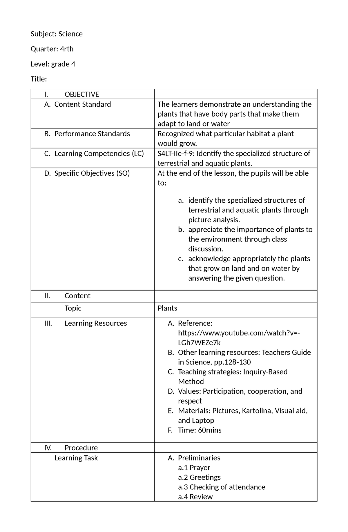 JEA-LP - For educational purposes - Subject: Science Quarter: 4rth ...