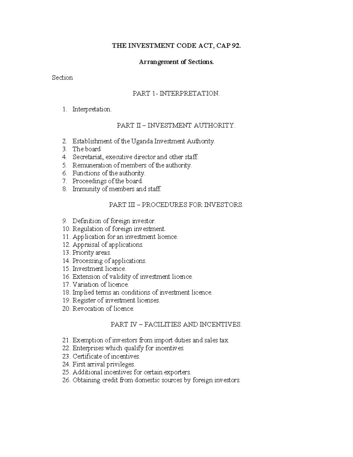Investment Code Act - THE INVESTMENT CODE ACT, CAP 92. Arrangement of ...