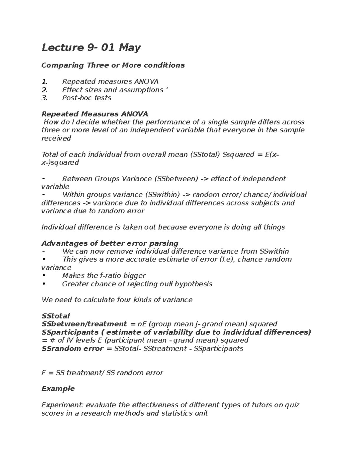 Lecture 9 - Quantitative psychology - Lecture 9- 01 May Comparing Three ...