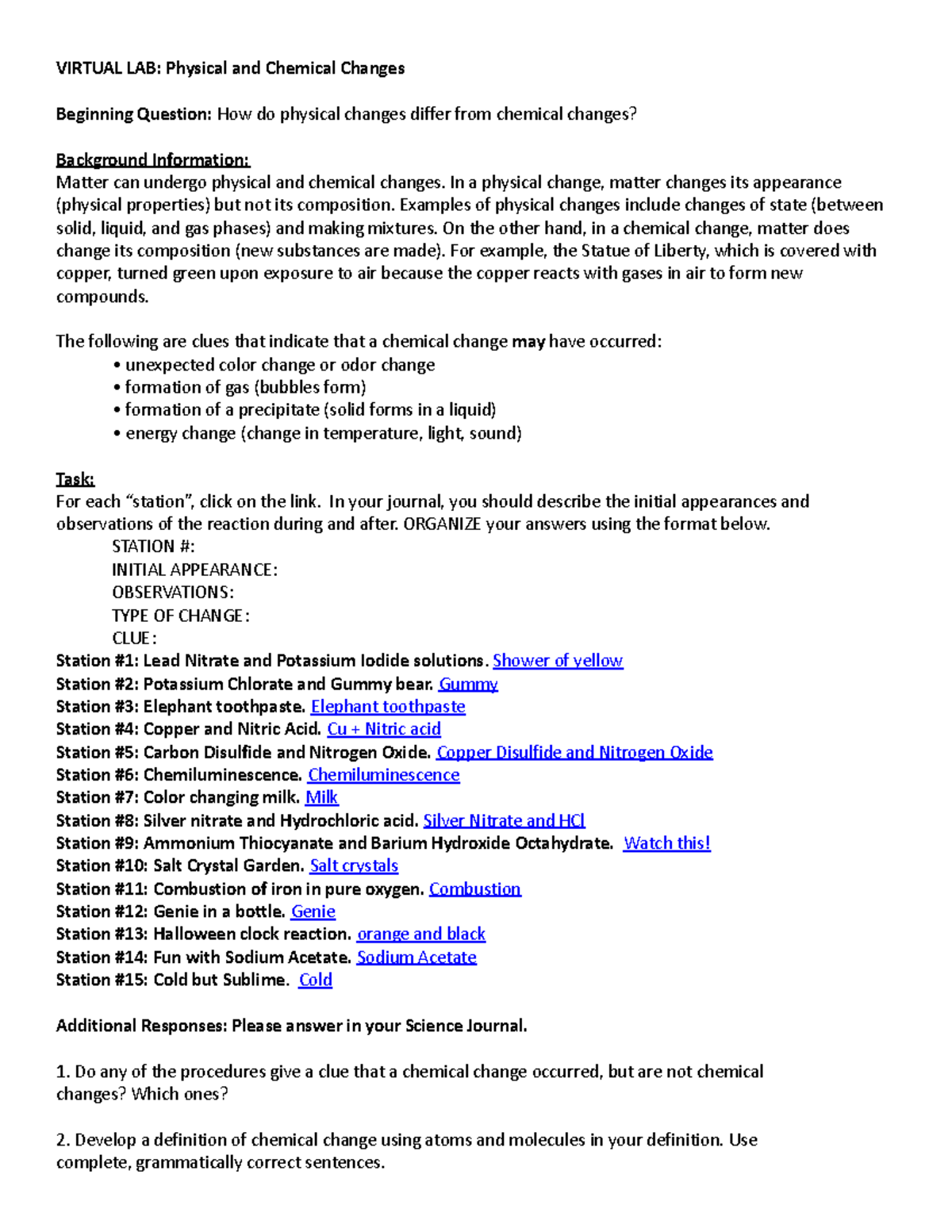 Physical and Chemical Change Virtual Lab 2 - VIRTUAL LAB: Physical and ...