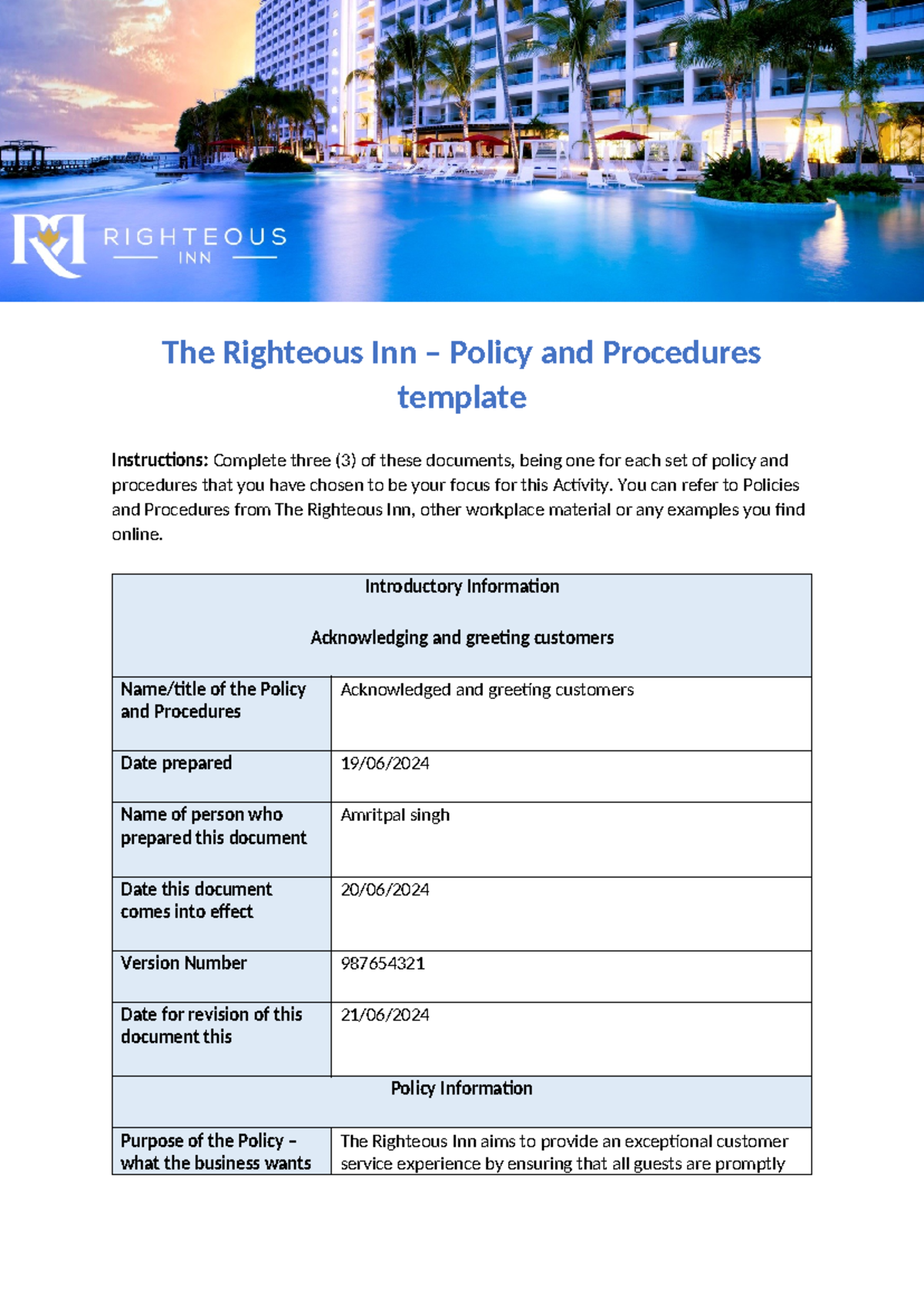 Acknowledgement - Kkkkkk - The Righteous Inn – Policy and Procedures ...