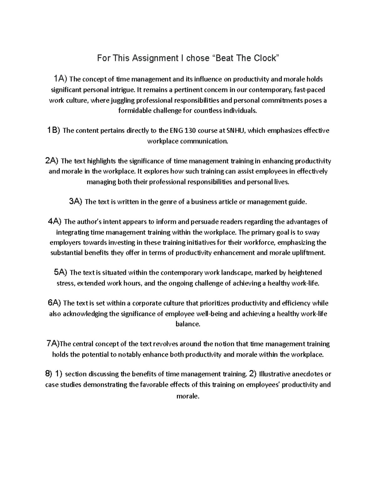 SNHU 1-1 - For This Assignment I chose “Beat The Clock” 1A) The concept ...