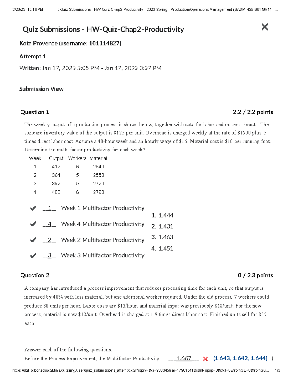 HW-Quiz-Chap2-Productivity - Production Operations Management (BADM-425 ...