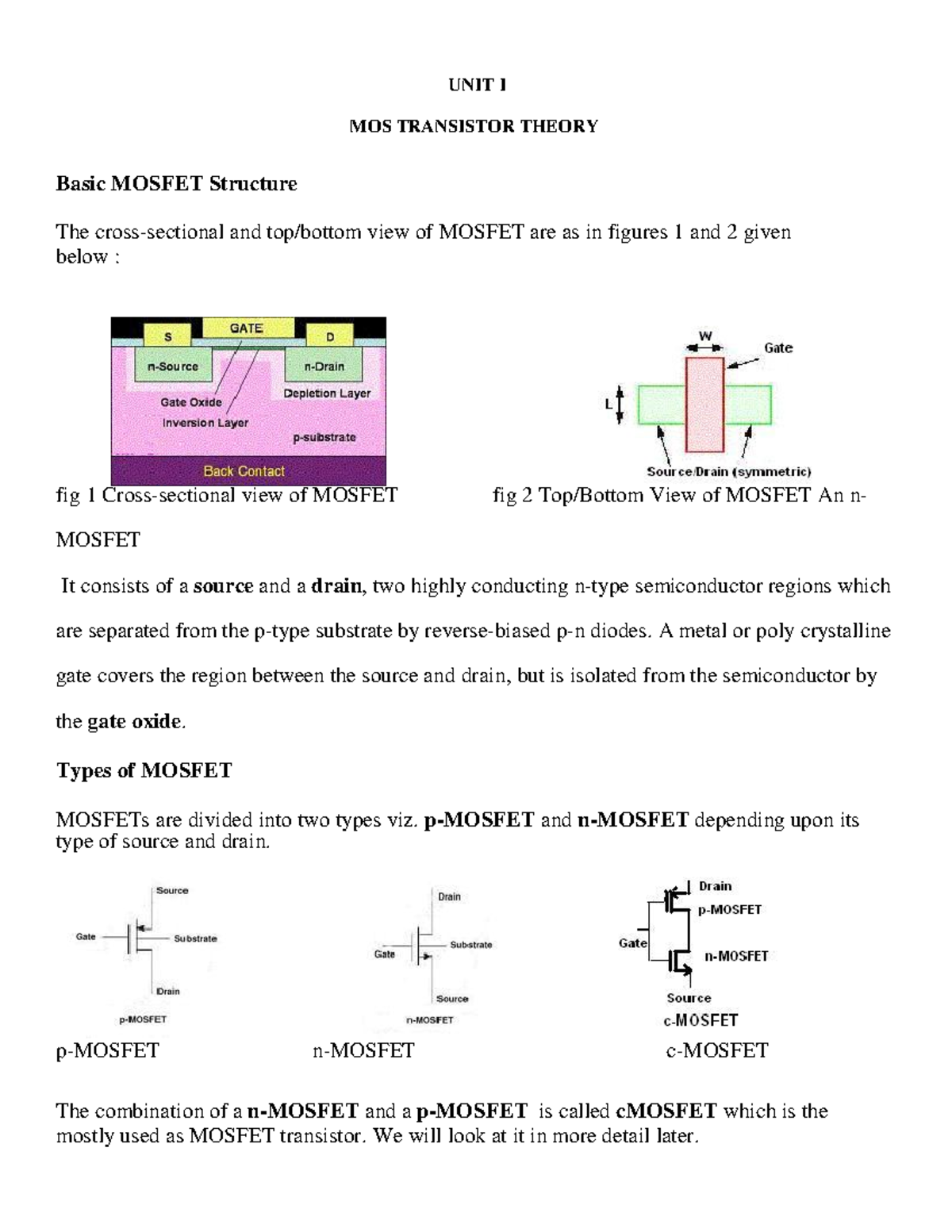 BEC010 vlsi Notes UNIT I MOS TRANSISTOR THEORY Basic MOSFET