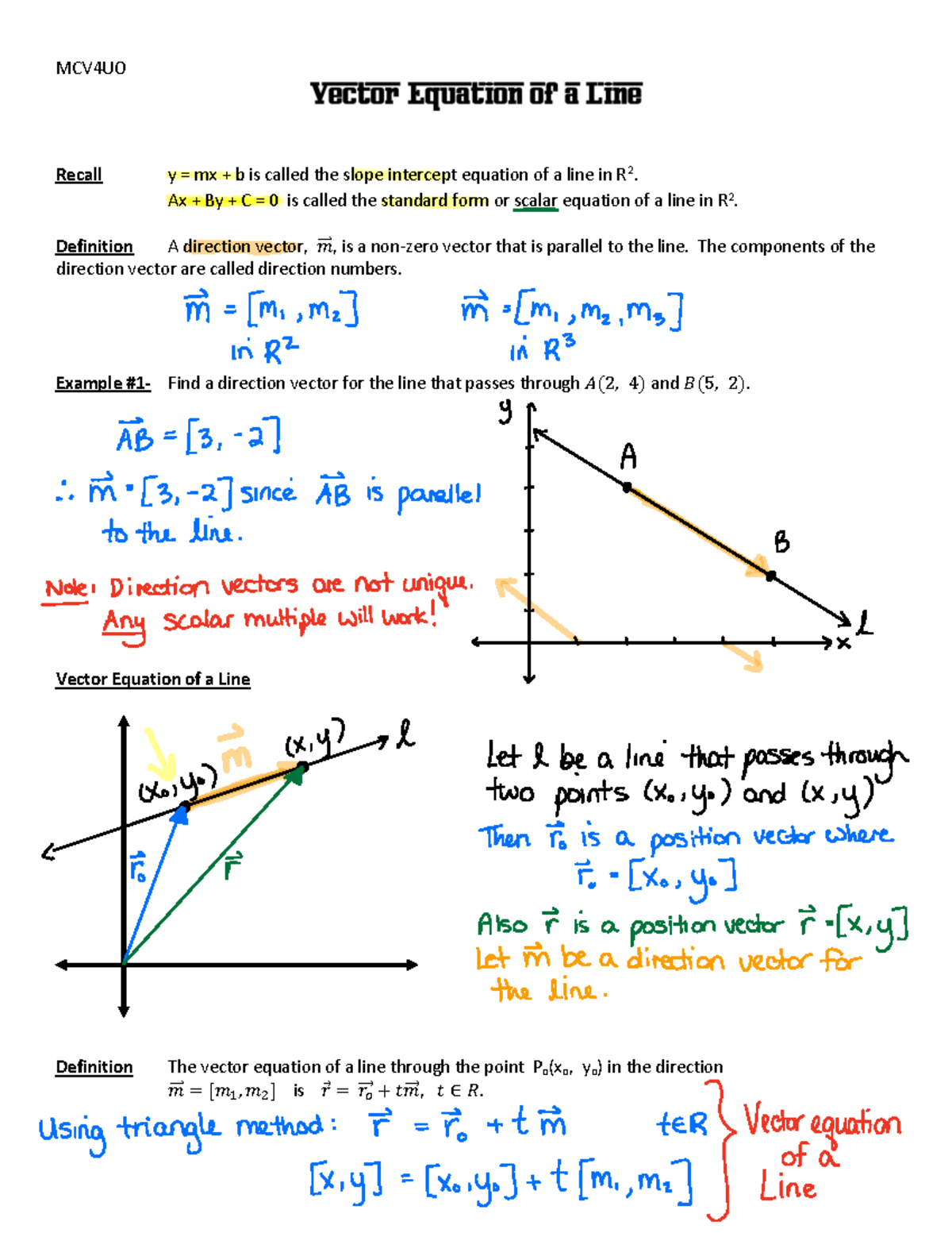 3.1 - Vector Equation of a Line Lesson Solutions May 14 - MCV4UO Recall ...