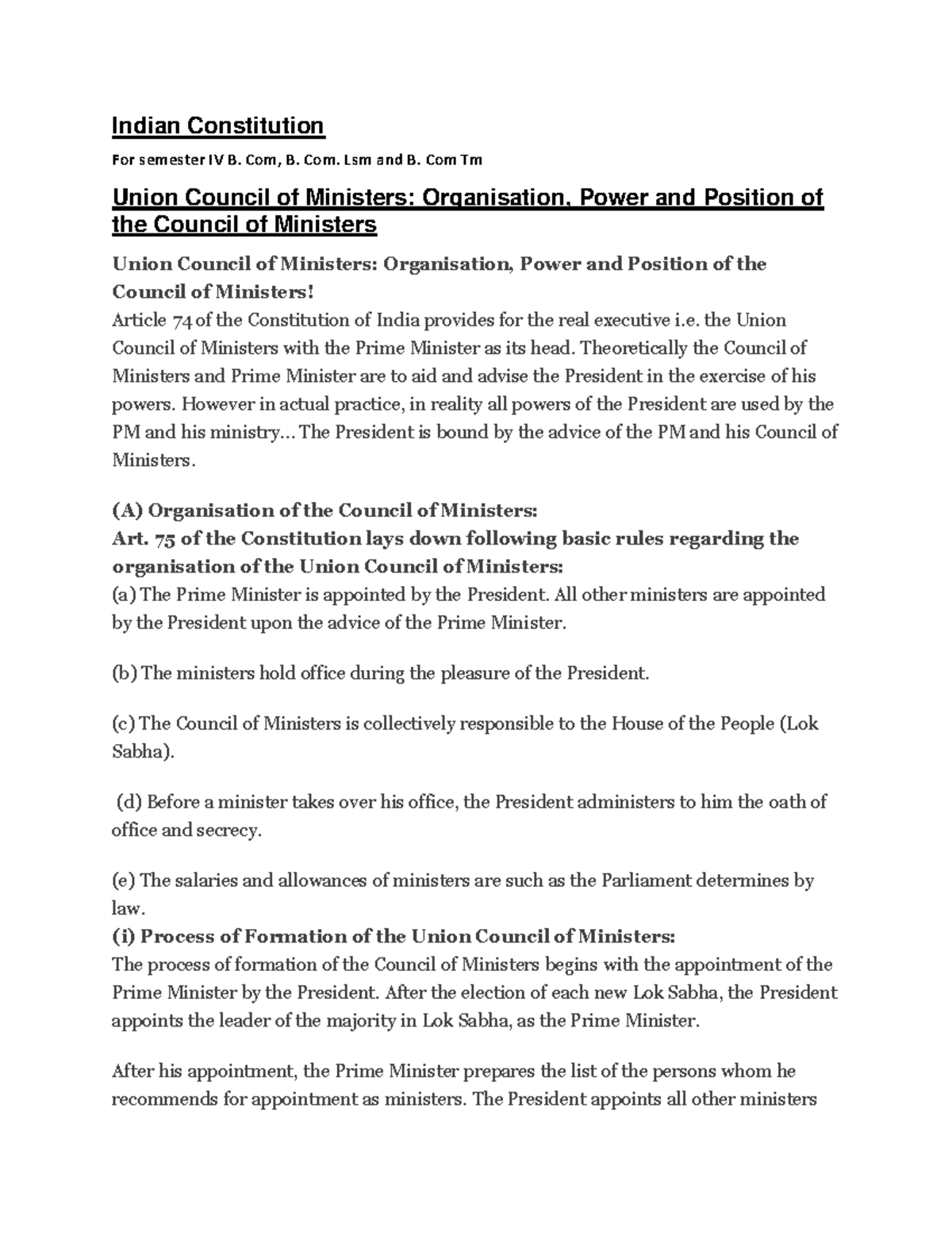 Union council of minister Indian Constitution For semester IV B. Com