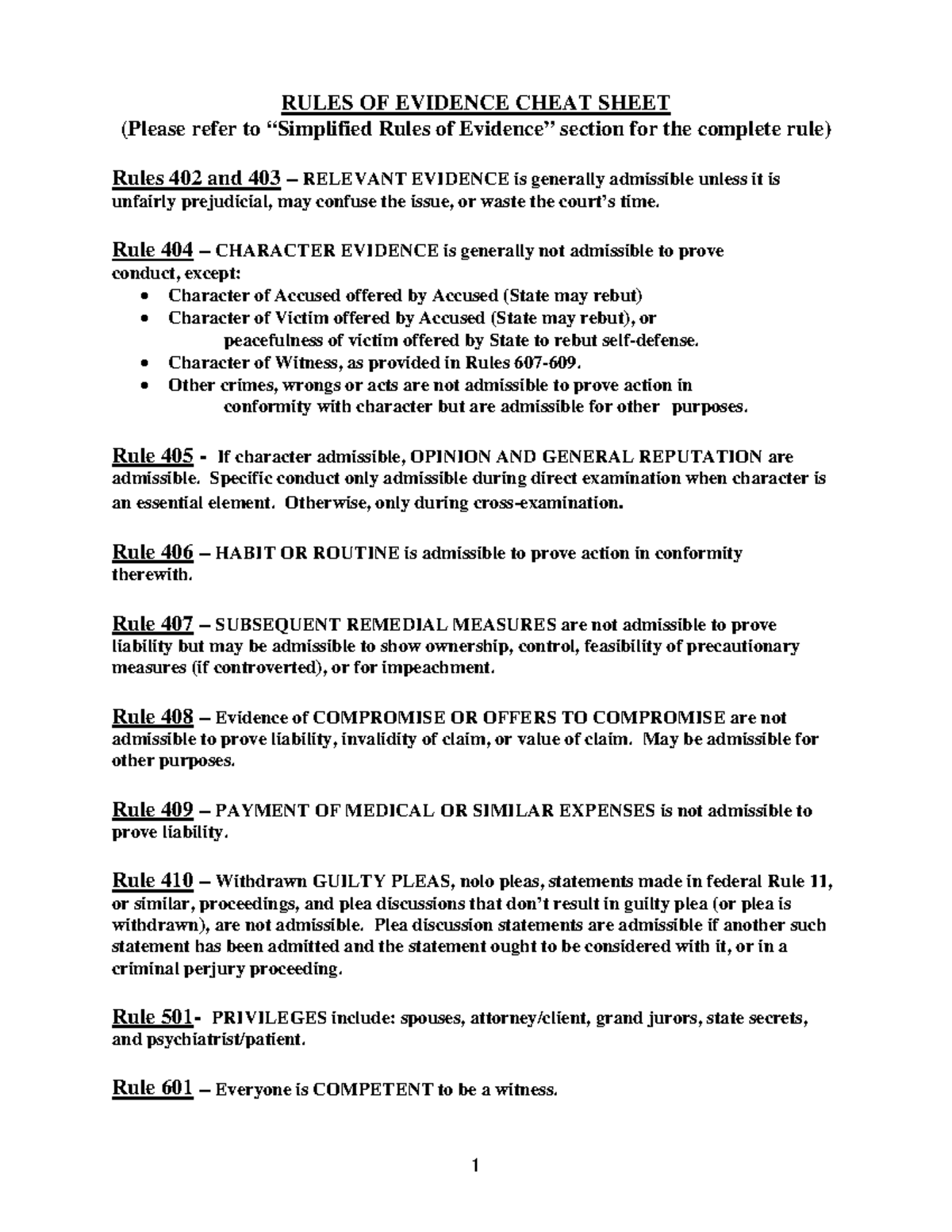 Evidence Rules cheat sheet RULES OF EVIDENCE CHEAT SHEET (Please