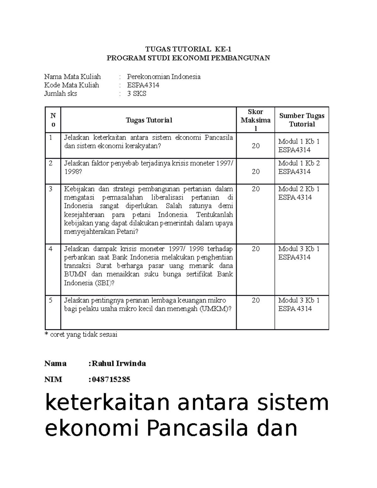 Tugas 1 ESPA4314 - TUGAS TUTORIAL KE- PROGRAM STUDI EKONOMI PEMBANGUNAN ...