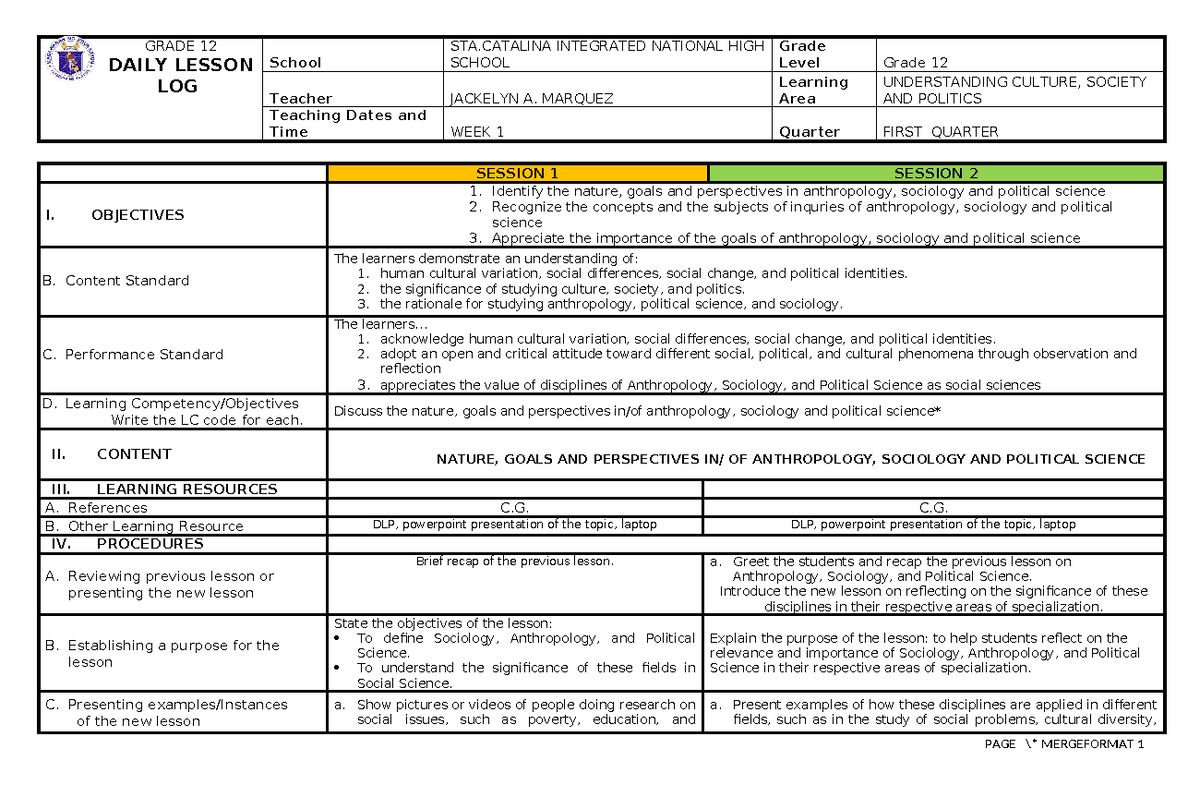 Final WEEK 1 - DLL in UCSP - GRADE 12 DAILY LESSON LOG School STA ...
