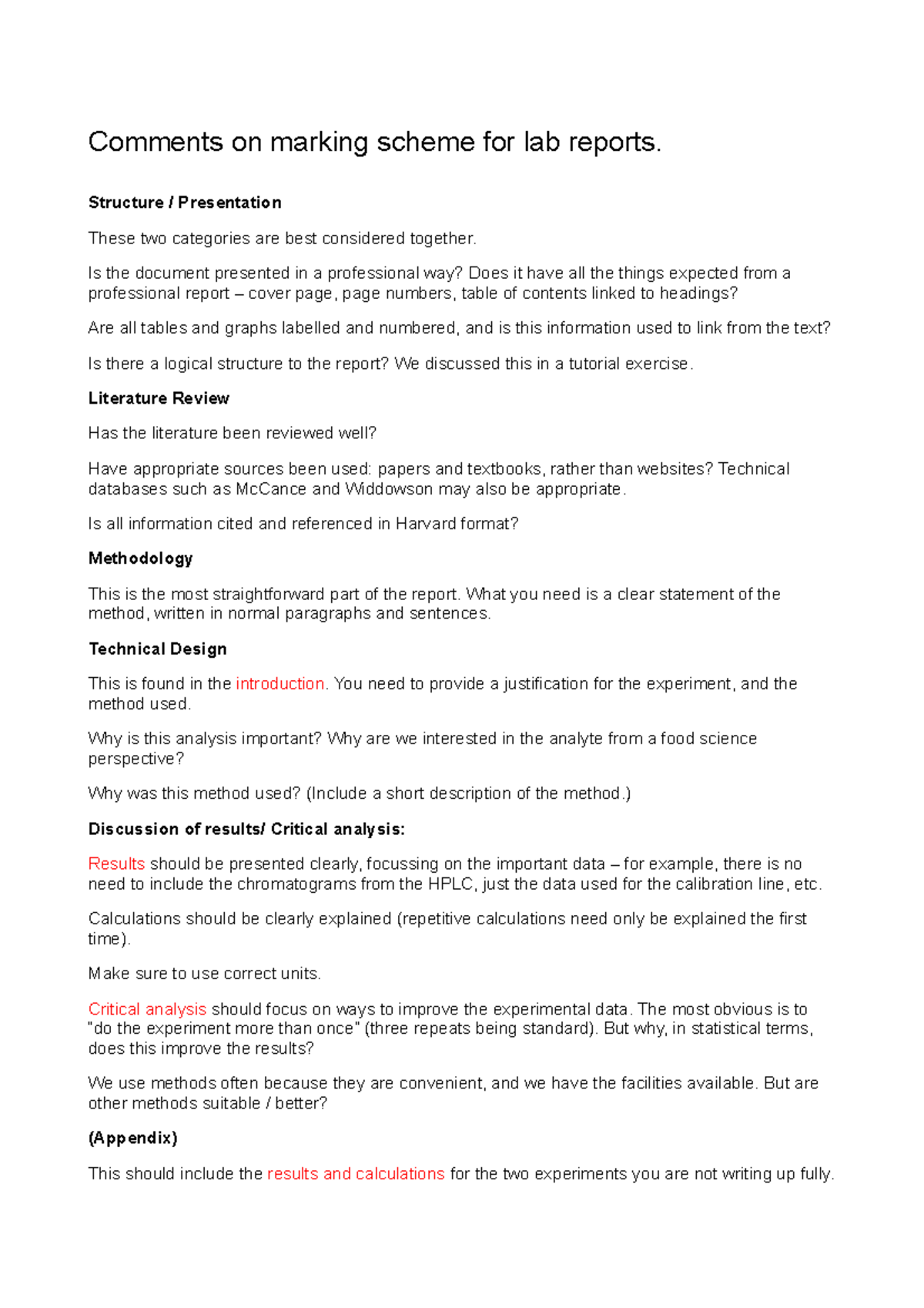 Marking scheme FSC labs Comments on marking scheme for lab reports. Structure / Presentation