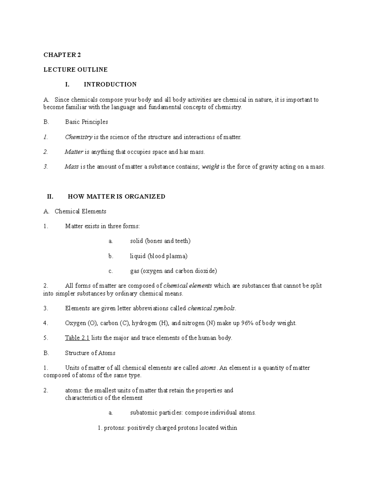 Anatomy And Physiology Chapter 2 Chapter 2 Lecture Outline I Anatomy And Physiology Chapter 2 Chapter 2 Lecture Outline I