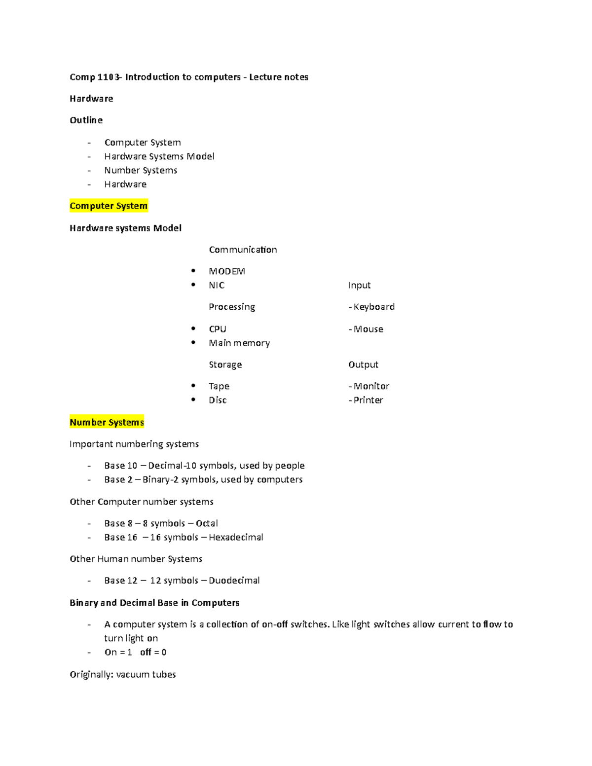 Computer Hardware Notes - Comp 1103- Introduction to computers ...