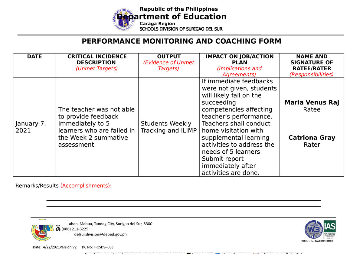 PMCFSample PERFORMANCE MONITORING AND COACHING FORM ISO Cert. No