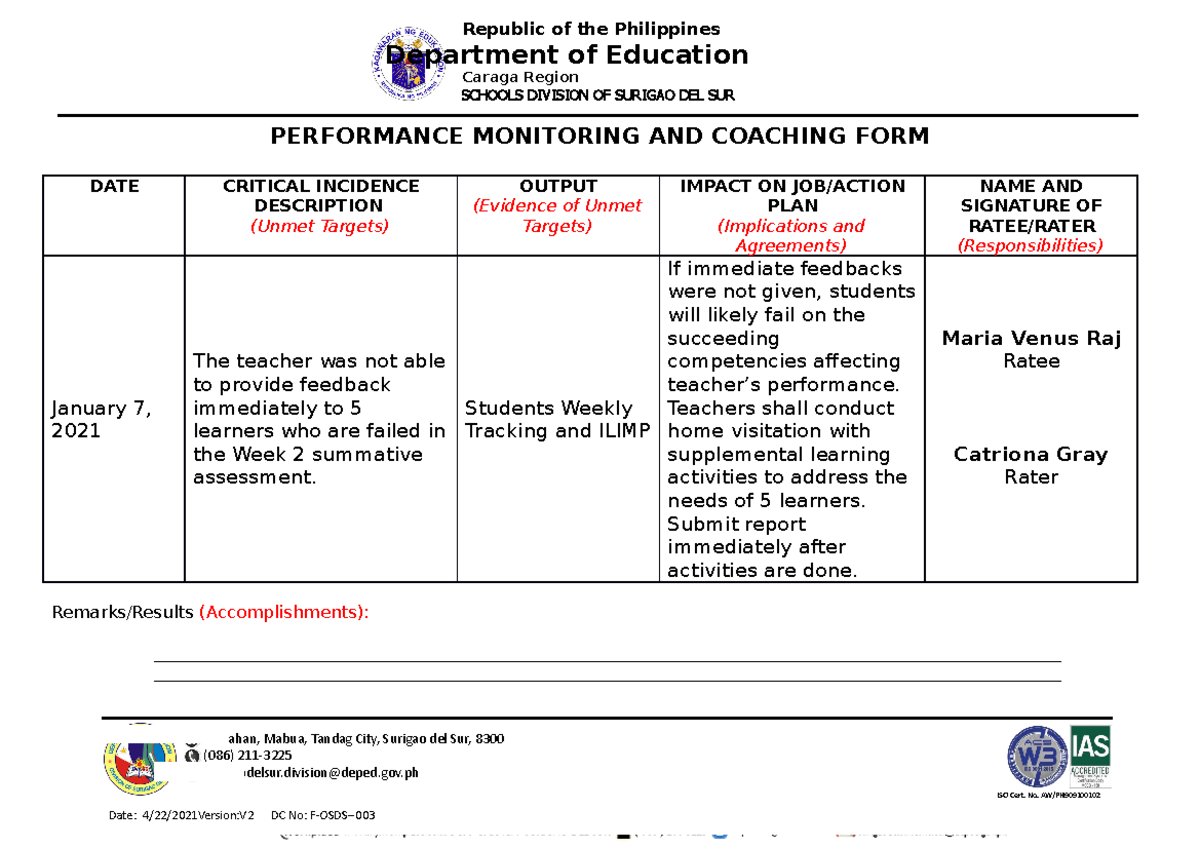 Rpms Performance Monitoring And Coaching Form