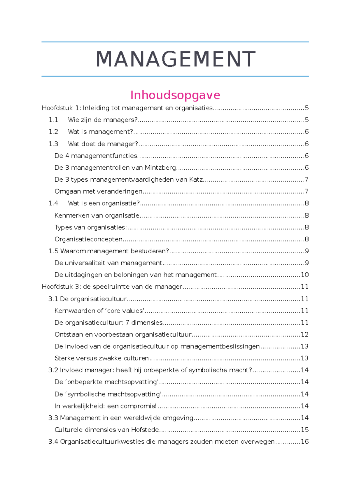 Management - MANAGEMENT Inhoudsopgave Hoofdstuk 1: Inleiding Tot ...