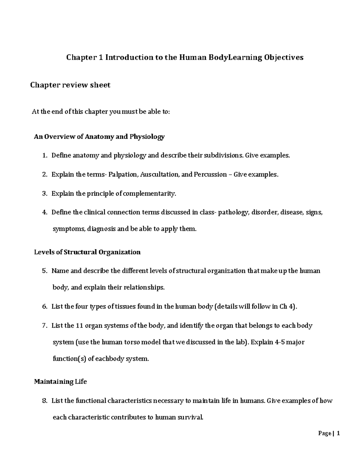 Chapter 1 Introduction to the Human Body Learning Objectives - Define ...